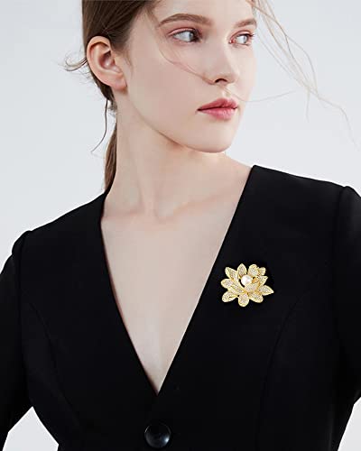 Kokoma Lotus Flower Brooch Pin for Women Girls Gold Plated Rhinestone CZ Pearl Floral Lapel Pins Corsage Badge Brooches Scarf Clip Pins for Cloth Dress Accessories Decoration, Gemstone, cubic zirconia