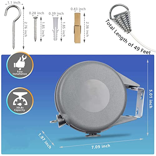 Retractable Clothesline Outdoor Cord 49 Feet - Easy Hanging Clothes Lines - Heavy Duty 30LBs Weight Capacity Clothes Line - Easy DYI Installation - Also Ideal for Indoor - Space Saving and Practical
