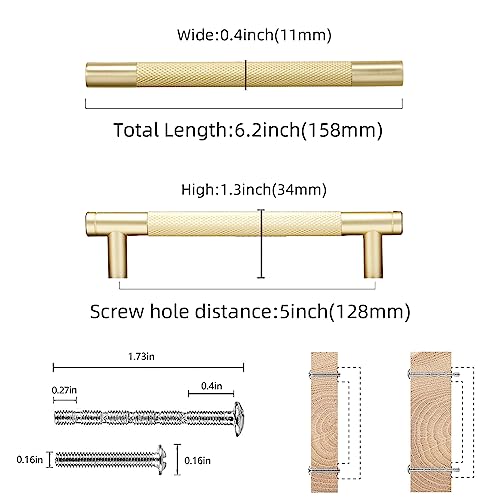 COTYKILEY 10 Pack 5 Inch(128mm) Brushed Brass Cabinet Handles Gold Knurled Kitchen Cabinet Pulls Cabinet Door Handles Kitchen Cabinet Hardware Cupboard Drawer Pulls Dresser Handles
