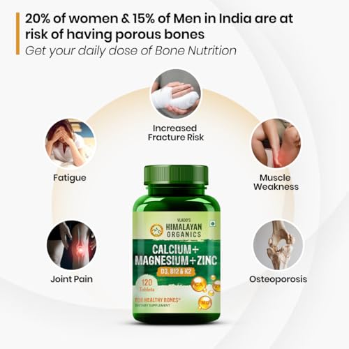 Himalayan Organics Calcium Magnesium Zinc Vitamin D3, B12 & K- 120 Vegetarian Tablets I Supplement for Women and Men, For Bone Health & Joint Support