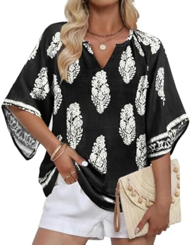 Womens Blouse, Summer Tops for Women, Ruffle 3/4 Sleeve Blouses for Women V Neck Chiffon Tunic Tops Double Layers Mesh Shirts