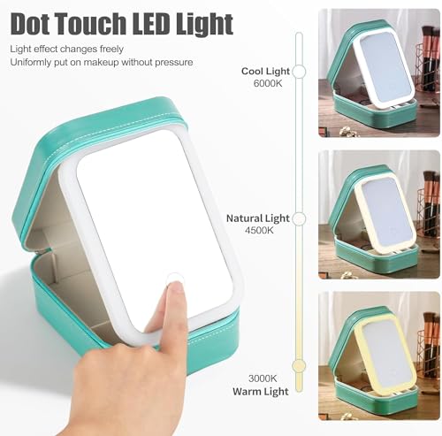 Tufexigo Travel Makeup Case with LED Mirror, Makeup Bag with Lighted Mirror, Cosmetic Train Storage Box, Portable Organizer Vanity Case for Women Beauty Tools Accessories Rechargeable (Green)