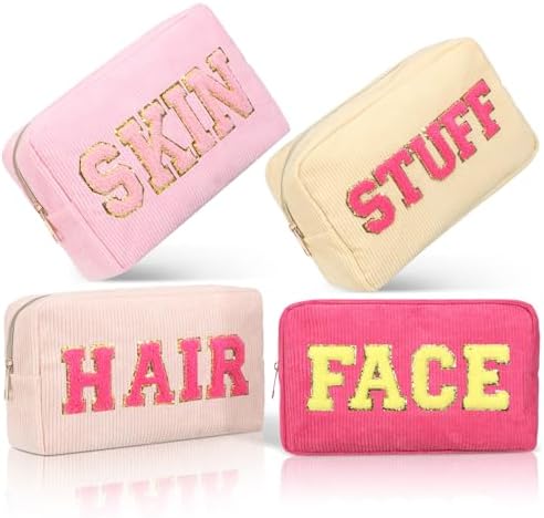 Pinkunn 4 Pcs Preppy Makeup Bags Christmas Chenille Letter Bag Face Skin Hair Stuff Cosmetic Bag Corduroy Makeup Pouch with Zipper Birthday Gifts for Women(Purple, Pink, White, Blue,Corduroy)
