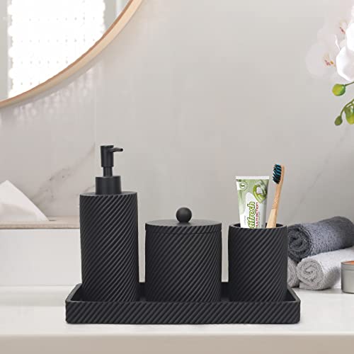 LeucSuiok Bathroom Accessories Set 4Pcs-Lotion Soap Dispenser,Toothbrush Holder,Qtip Holder Dispenser,Vanity Tray for Decor Bathroom Countertop,Vanity Organizer-Matte Black