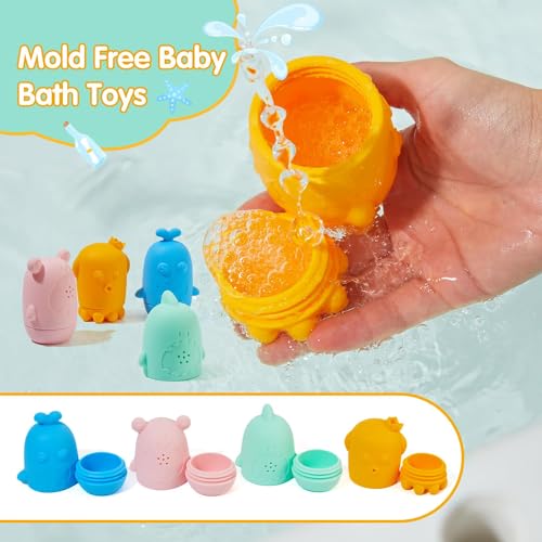 NALACAL 4 Pack Silicone Baby Bath Toys, Water Toys for Toddlers 1-3, Bathtub Pool Toys for Babies 6-12 Months, Dishwasher Safe Infant Toys, Baby Girl and Boy Gifts