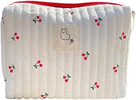 Juoxeepy Cotton Makeup Bag Large Travel Cosmetic Bag Quilted Cosmetic Pouch Coquette Aesthetic Floral Toiletry Bag, A-White, 10x5.9x5.3in