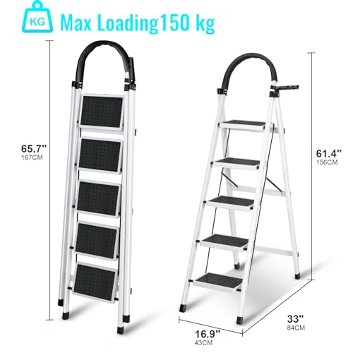 SKY-TOUCH Foldable Ladder 5 Steps, Home Ladder Folding Step Stool with Wide Anti-Slip Pedal, Adults Folding Sturdy Steel Ladder for Home,Kitchen, Garden, Office