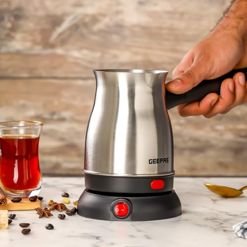 Geepas Electric Turkish Coffee Maker, Stainless Steel, GK38050 | 0.8L Capacity | 360-Degree Rotation | Non-Automatic Cut Off | Coffee Kettle for Home Office | Food Grade and Safe to Drink