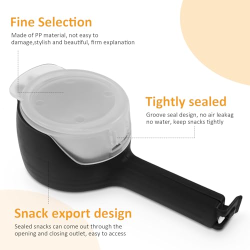 4Pcs Snack Clips That Pour Plastic Reusable Bag Clips with Pour Spouts Kitchen Chip Bag Clips Food Storage Cap Sealing Clip for Snack, Cereal, Nuts,Kitchen Bag(Black)