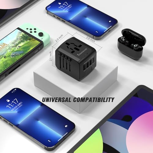 SAUNORCH Universal International Travel Power Adapter W/High Speed 2.4A USB-A, 3.0A USB-C Wall Charger, European Adapter, Worldwide AC Outlet Plugs Adapters for Europe, UK, US, AU, Asia-Black