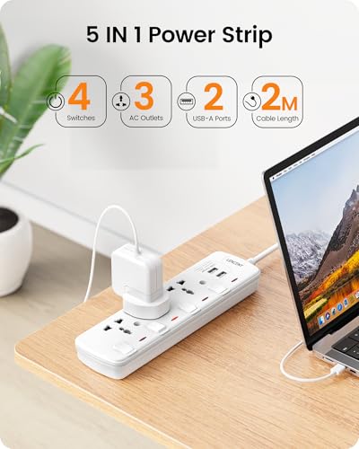 LENCENT Extension Lead with USB Slots, 3 Way Sockets Outlet Power Strips with 2 USB Ports, Universal Plug Adapter with 2M Extension Cord, Charging Station for Home, Office, Individually Switched
