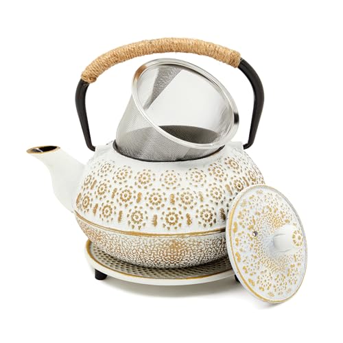 Juvale White Cast Iron Japanese Teapot with Handle, Infuser, and Trivet (800 ml, 27 oz)