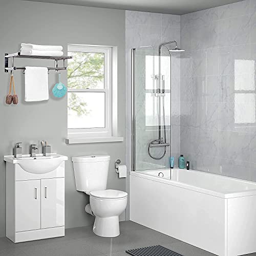 AUTOYSUR Bathroom Towel Rack, Towel Shelf with Two-Tier Architecture, Folding Towel Bars Wall Mount Holder, 5 Removable Hooks and Adjustable Towel Bar, Toilet Bathroom Bath Towel Cleaning Tools Holder