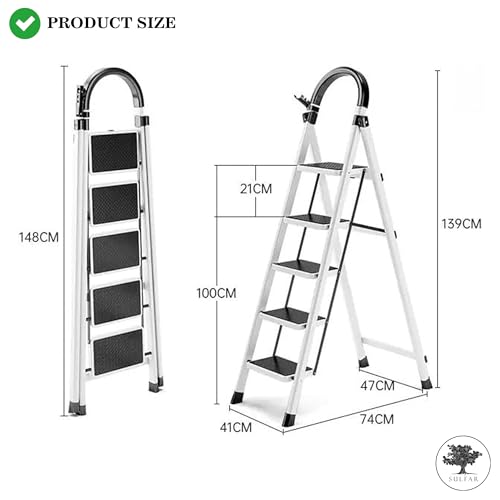Sulfar Foldable Ladder 5 Steps, Home Ladder Folding Step Stool with Wide Anti-Slip Pedal, Adults Folding Sturdy Steel Ladder for Home, Kitchen, Garden, Office