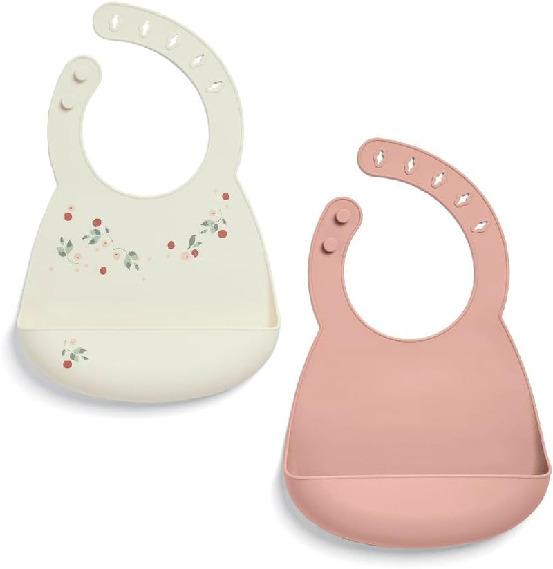 Mamas & Papas 2-Pack Waterproof Silicone Baby Bibs, Adjustable BPA-Free Feeding Bibs with Large Pocket for Food Catching, Ideal for Weaning for 6-18 Months - Neutral Speckle
