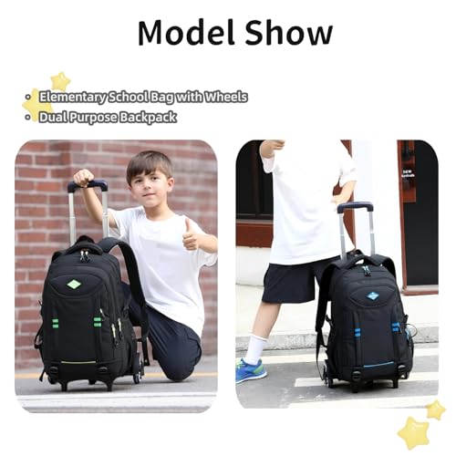 Sopnorm Rolling Backpack for Boys Elementary School Bag with Wheels Travel Trolley Bag 2 wheels and 6 wheels, Black/Blue 6 Wheels, 6 wheels