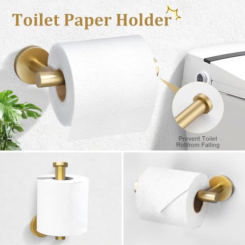 TURS Brushed Gold 5 Piece Bathroom Hardware Set, SUS304 Stainless Steel 24 Inch Bath Towel Bar Set, Round Bathroom Accessories Set Wall Mounted