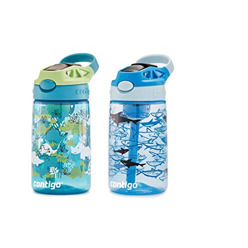 Contigo Kids Water Bottle with Redesigned AUTOSPOUT Straw, 14 oz., Dinos & Sharks, 2-Pack