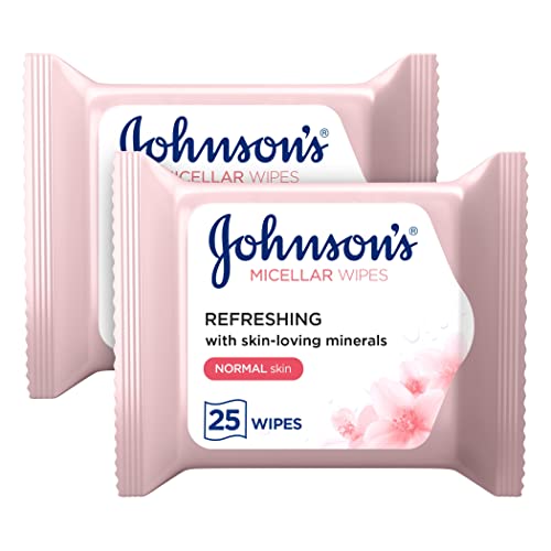 Johnson & Johnson Micellar Wipes Refreshing with Skin-Loving Minerals, Pack of 2x25 Wipes, Suitable_for Normal Skin Types, Gentle Makeup Remover Wipes, Hydrates and Cleanses, Safe_for Sensitive Eyes