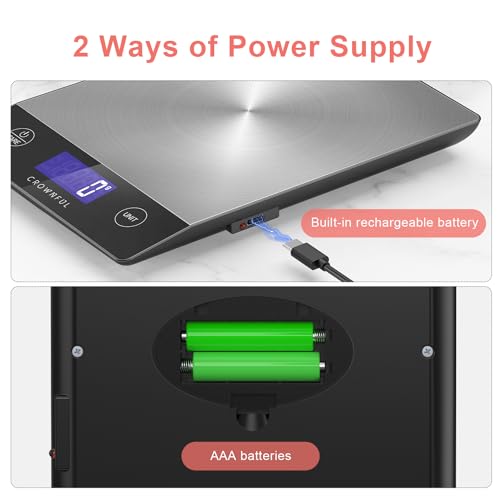 CROWNFUL 15Kg Food Scale, Rechargeable 304 Stainless Steel Digital Kitchen Scale Grams and Ounces with LCD Display and Type-C Charging for Baking and Cooking