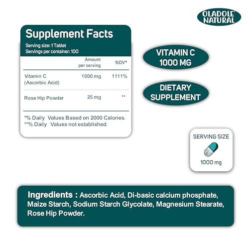Oladole Natural Vitamin C With Rose Hips- 1000mg (100 Tablets) | Immune Support, Powerful Antioxidant, Boosts Collagen Production, Supports Healthy Skin, Energy & Heart Health | Non- GMO, Gluten Free