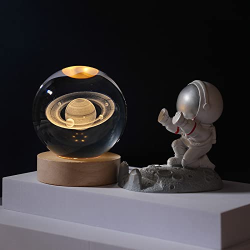 Goodern 3D Crystal Ball Night Light Clear Galaxy LED Light with Wooden Base Glass Ball Ornaments Nightlight Decolamp with Touch Switch LED Light Decorative Lamp Gifts for Home Desktop Decor-Planet