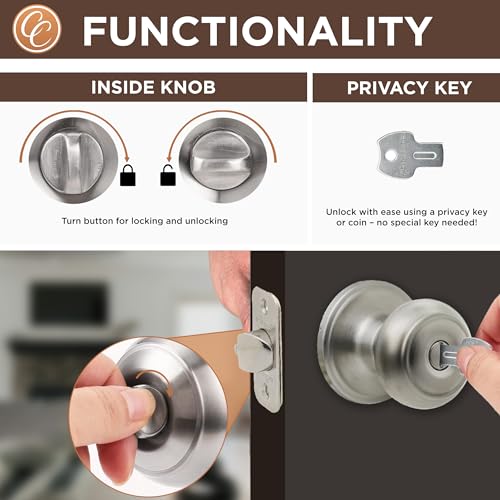 Copper Creek Satin Stainless Door Knobs - Round Colonial Knob with Privacy Locking Function for Home Improvement, 1 Pack - Fits All Standard Doors - Locking Door Knob for Bedroom and Bathroom Use