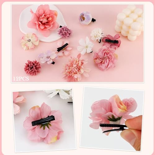 Tazweeq 12 Pieces Bohemian Flowers Hair Clips for Women Girls, Flower Hair Accessories Hawaiian Boho Hairclip for Girls, Silk Flower Hair Clips for Beach Party.