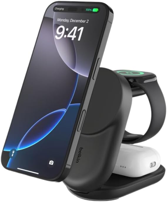 Belkin UltraCharge Magnetic Wireless Charger 25W, 3-in-1 Qi2 Certified MagSafe Compatible Fast Charger, Charging Station for iPhone 16, Apple Watch, AirPods, Pixelsnap with 45W Adapter - White - Black