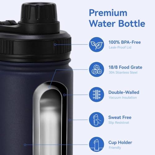 Thermos Flask Insulated Water Bottle 24oz with Straw-Brush-3 Lid-handle, Triple Wall Vacuum Stainless Steel Water Bottle Sports Jym Office school kids Water Bottle keep Hot Cold Water Bottle 700 BLUE