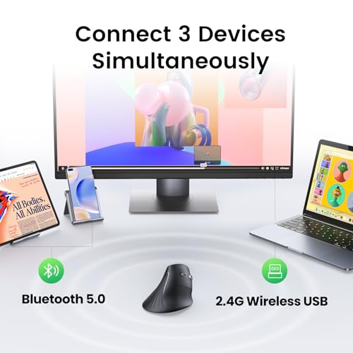 UGREEN Ergonomic Mouse, Vertical Wireless Mouse, 2.4GHz Optical Bluetooth Mice, 4 Adjustable DPI 1000/1600/2000/4000 Levels, 5 Buttons Mice for Laptop, PC, Chromebook, Desktop, Notebook etc, Black
