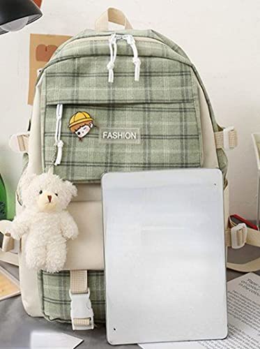 WVHTHVW 5Pcs Backpack School Book Bag Set,Canvas School Backpack Combo Set,Kawaii Bags Kawaii Bookbag Accessories Backpack Cute Aesthetic Backpack for School, Kawaii Girls Schoolbag-Black (Green)