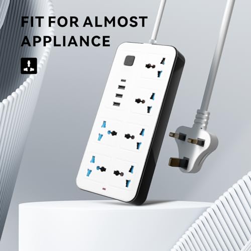 Eli-time Universal Extension Lead with Multiple Function, UK 3 Pin Socket Outlet with 6 Gang | 3 USB Port | 1 Type-C Port,2M Electric Socket Mains Strip for Home,Kitchen,and Office (White)