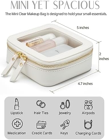 Small Cosmetic Bag for Purse Mini Makeup Bag for School Cute Clear Make Up Pouch for Travel Tiny Leather White Make Up Organizer Case for Backpack Toiletry Bag Waterproof Square Pouch with Zipper