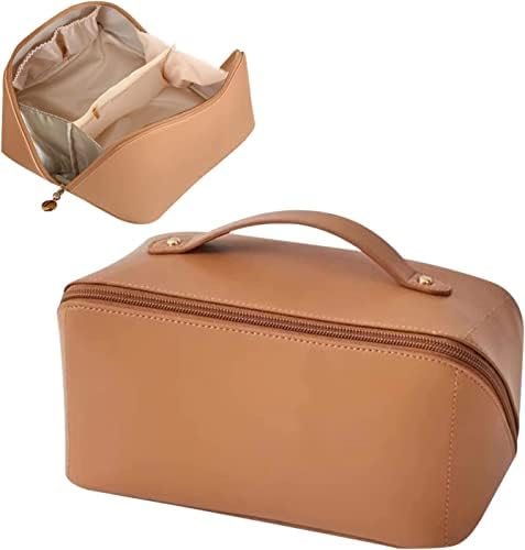 Necomi® Large-Capacity Travel Cosmetic Bag | Leather Makeup Bag | Waterproof Portable Cosmetic Bag | Multifunctional Storage Makeup Bag | Travel Cosmetic Bag (Brown)