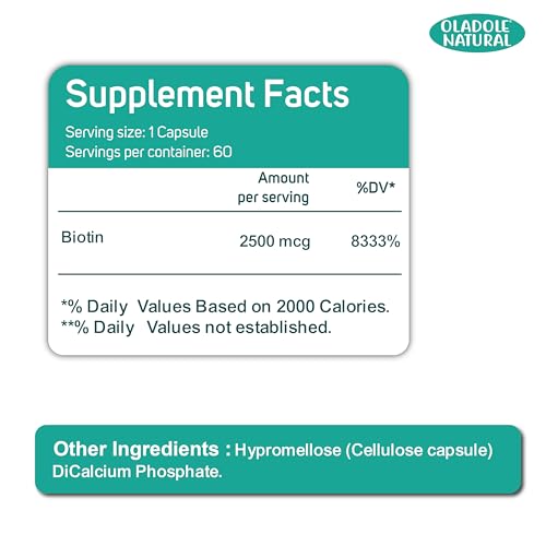 Oladole Natural Biotin 2500mcg - 60 Capsules | High Potency B Vitamin Blend For Stronger Hair, Radiant Skin, Long Nails, Supports Energy Beauty Support | Gluten-Free, Non-GMO