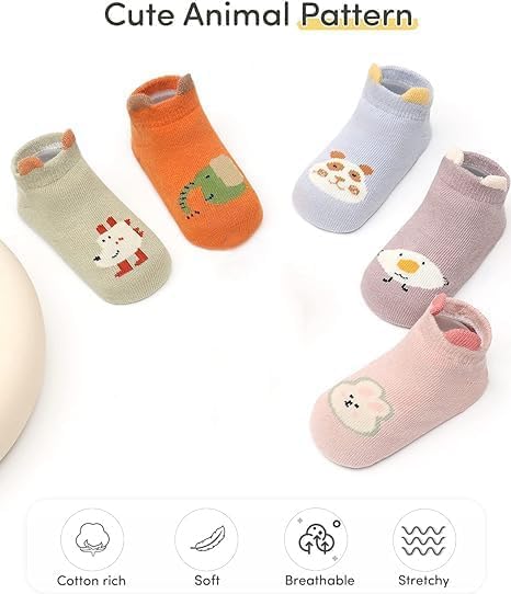 Khazna Baby Non Slip Socks, Toddler Baby Non Slip Socks Infant Newborn Antiskid Socks with Grips Anti-Slip Unisex Ankle Socks for Infant, Baby and Toddler Socks(5 Pairs)