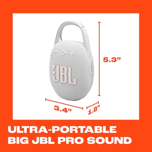 JBL Clip 5 - Ultra-Portable, Waterproof & Dustproof Bluetooth Speaker, Big Pro Sound with punchy bass, Integrated carabiner, Up to 12 Hours of Play, Made in part with recycled materials (White)