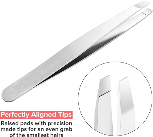 ECVV Professional Eyebrow Tweezers Stainless Steel Facial Hair Removal Tweezers with Slanted Tip for Easy Plucking Silver