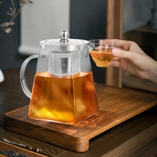 YILANJIN Glass Teapot, 750 ml Square Glass Teapot with Removable Infuser, Borosilicate Glass Teapot, Stovetop Safe Tea Maker, Perfect for Tea, Flowering Tea, Herbal Tea and Coffee