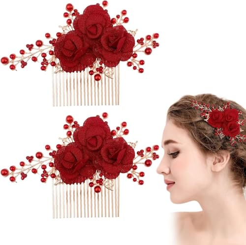 2 Pcs Red Hair Accessories, Gold Rose Bridal Side Combs Floral Rhinestone Pearl Vintage Decorative Crystal Emerald Headpiece Wedding Sparkly Accessory for Women