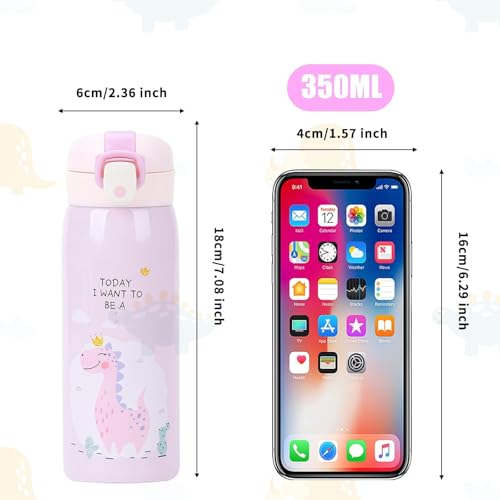 350ml Kids Water Bottles, Kids Stainless Steel Water Bottle BPA-Free, Leak Proof Insulated Water Bottles for Boys and Girls, Reusable Metal Water Bottles-Keep 12 Hours Hot & 24 Hours Cold Pink