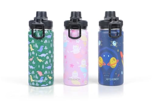 LA'QUENCH™ 18/8 Stainless Steel Water Bottle for Kids 415ml / 14oz Leakproof Double Wall Insulated Thermos Flask (Kitten Mermaid Pink)