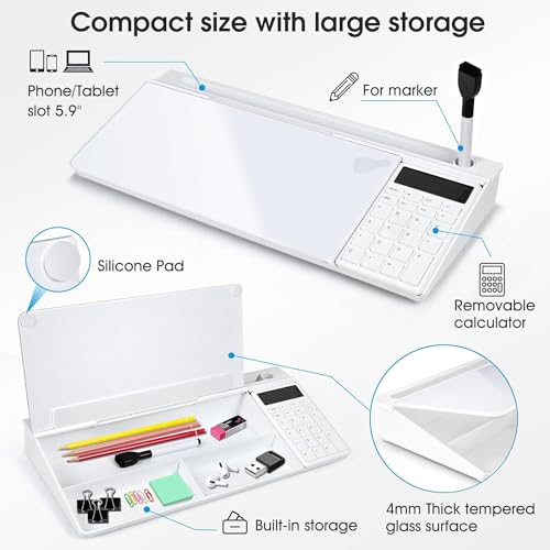 Angju Desktop Glass Whiteboard with Calculator, Organizer, Markers, Eraser, Holder - Small Dry Erase White Board Computer Pad Keyboard Stand for Home, School, Office Desk Cubicle Accessories