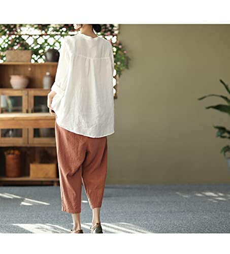 Women's Literary Retro Embroidery Linen Shirt Spring Summer Casual Loose Stand Collar Long Sleeve Shirts