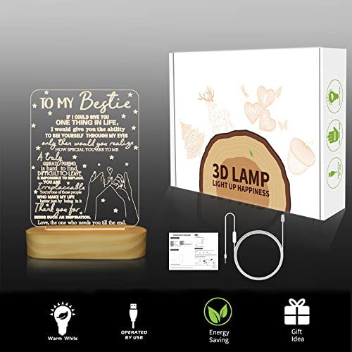 to My Bestie Gifts,3D Illusion Lamp I Love You Friends Night Light for Best Friend Sister Boys & Girls Women BFF Birthday Holiday Friendship, Soft Warm White Colors LED Wooden Table Lamp