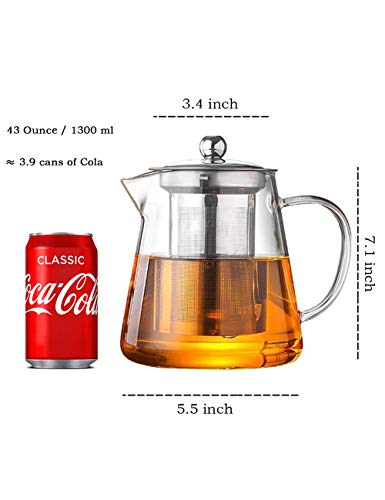 TMOST Glass Teapot with Infuser Tea Pot 32oz/43oz Tea Kettle Stovetop Safe Blooming and Loose Leaf Tea Maker Set (43oz/ 1300ml)