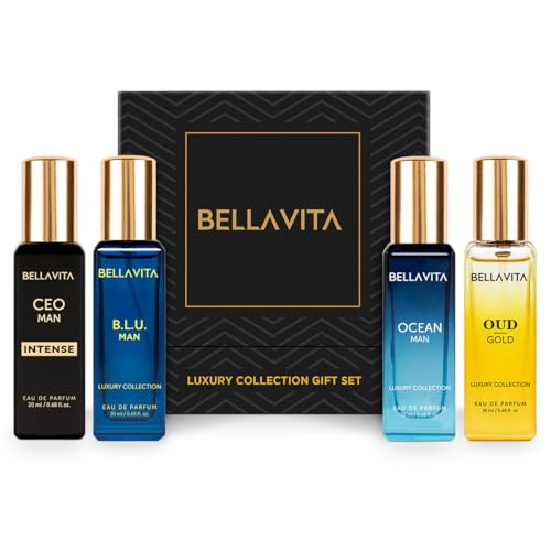 BellaVita Luxury Perfume Gift Set for Men | Includes OUD Gold, Ocean, B.L.U, & CEO Man Perfume | Long-Lasting Cologne Fragrance | Oud Perfume for Men | Premium Collection Perfumes ??4 x 20ml