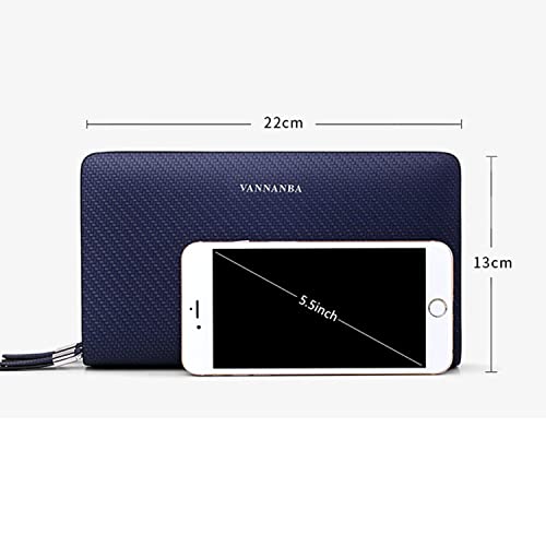 VANNANBA Men Clutch Wallet Large leather clutch bag Business Double Zip Handbag Blue Black