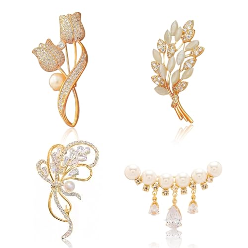 YHCG Brooches for Women, 4 PCS Rhinestone Brooch Pins Vintage Style Dress Pin Elegant Decorative Broches Scarves Shawl Clip Dress Hat Accessories